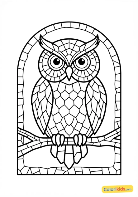 Coloriage à imprimer : chouette sage aux grands yeux perçants en mosaïque de verre
