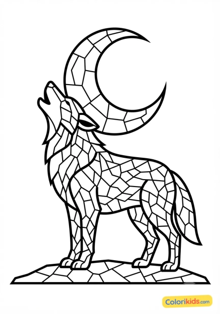 Coloriage à imprimer : loup hurlant sous une lune en mosaïque de nacre et verre