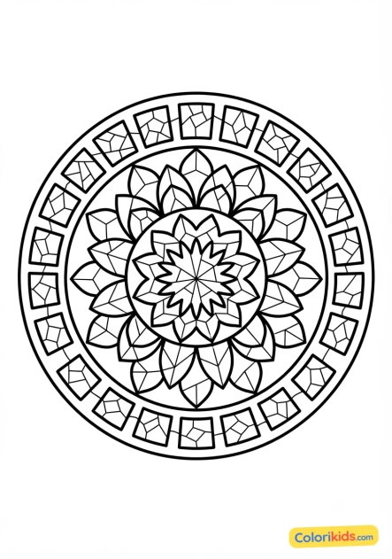 Coloriage à imprimer : mandala zénithal aux vagues géométriques de faïence
