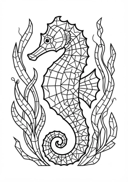 Voir le coloriage Hippocampe élégant caché parmi des algues en verre coloré