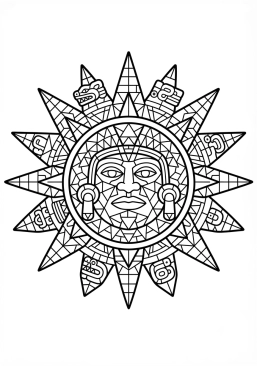 Voir le coloriage Soleil aztèque flamboyant fait de milliers de petits carreaux