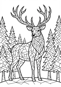 Voir le coloriage Cerf majestueux dans une forêt de pins en mosaïque