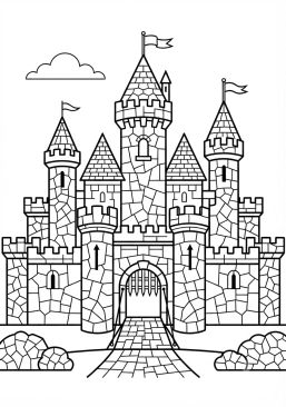 Voir le coloriage Château fort médiéval aux murs de pierres en mosaïque