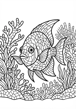 Voir le coloriage Poisson tropical multicolore nageant dans un récif de faïence