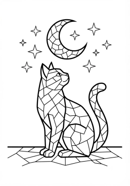 Voir le coloriage Chat mystérieux assis sous la lune dans un style de mosaïque romaine