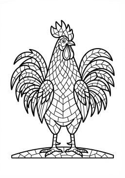 Voir le coloriage Coq fier et coloré aux motifs de mosaïque traditionnelle