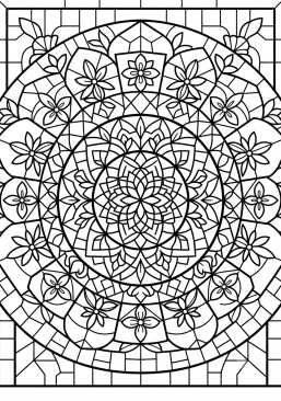 Voir le coloriage Mandala floral symétrique aux motifs de carreaux hydrauliques