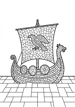Voir le coloriage Bateau viking voguant sur une mer de carreaux de céramique