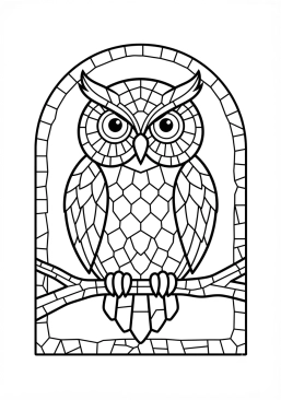 Voir le coloriage Chouette sage aux grands yeux perçants en mosaïque de verre