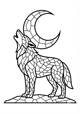 Voir le coloriage Loup hurlant sous une lune en mosaïque de nacre et verre
