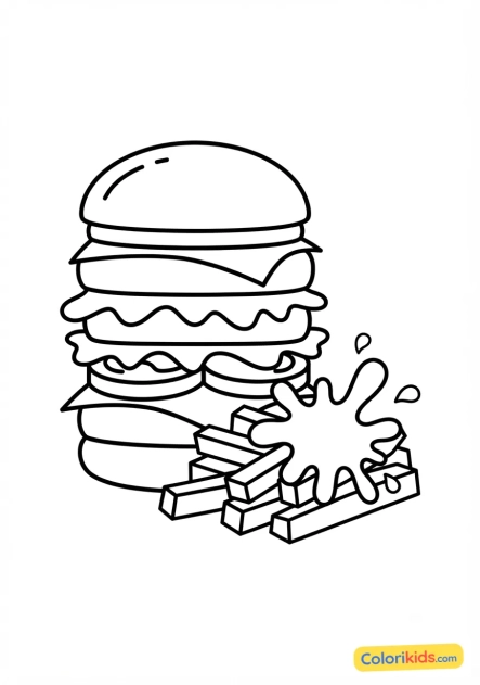 Ausmalbild zum Ausdrucken: riesiger Schicht-Burger mit Pommes und Pop-Art-Ketchup