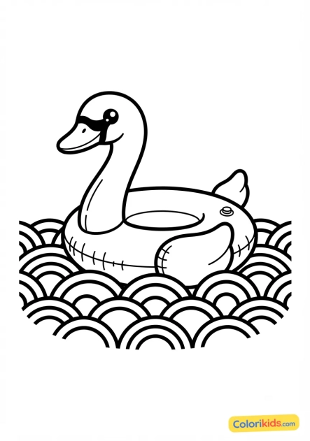 Coloriage à imprimer : cygne en bouée gonflable rose fluo sur fond de vagues pop