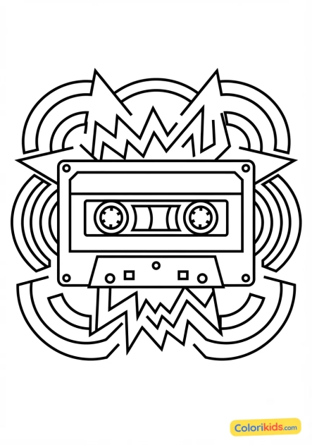 Coloriage à imprimer : kassette audio rétro entourée d'ondes sonores graphiques