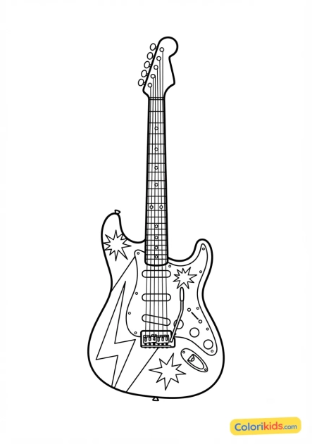 Coloriage à imprimer : guitare électrique rock aux teintes flashy et contrastes forts