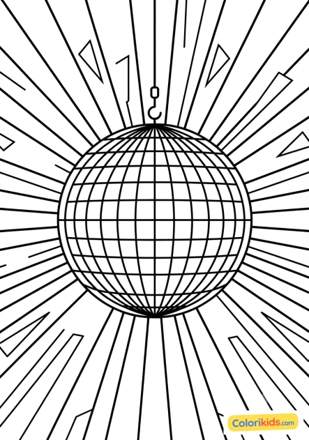Coloriage à imprimer : boule à facettes disco étincelante sur fond de rayons pop