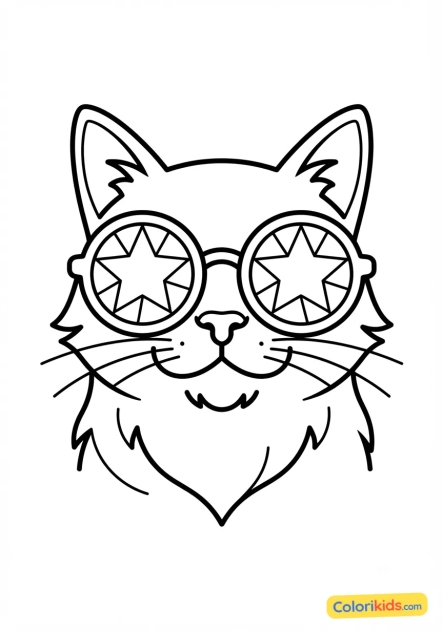 Printable coloring page: stylized cat portrait with pop and colorful sunglasses