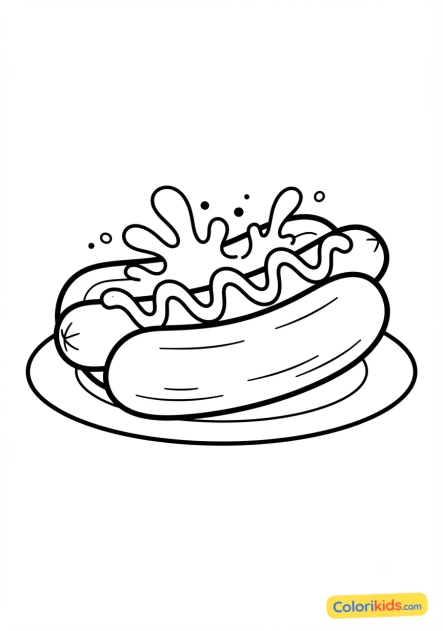 Coloriage à imprimer : hot-dog stylisé aux couleurs fluo et éclaboussures de ketchup