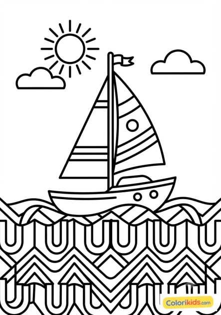 Coloriage à imprimer : voilier rétro stylisé sur vagues géométriques graphiques