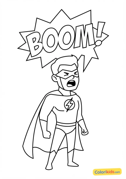 Coloriage à imprimer : super-héros criant un BOOM! géométrique sur fond pop
