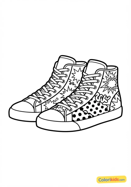 Coloriage à imprimer : baskets montantes branchées aux motifs audacieux pop art
