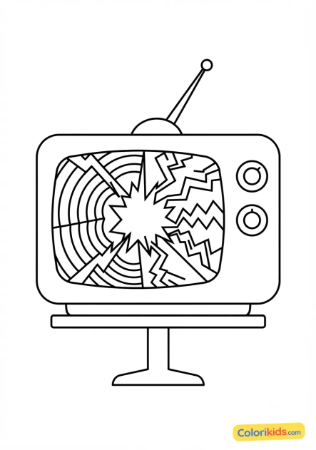 Ausmalbild zum Ausdrucken: vintage-Pop-Art-Fernseher sendet mehrfarbige Wellen aus
