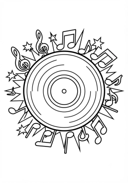 Voir le coloriage Disque vinyle coloré entouré de notes de musique pop