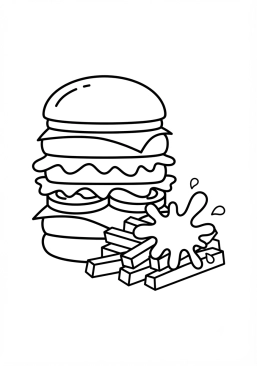 Voir le coloriage Burger géant à étages avec frites et ketchup pop art