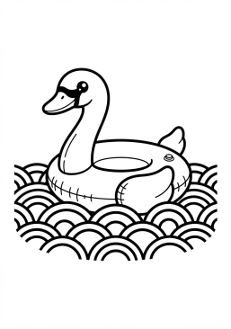 Voir le coloriage Cygne en bouée gonflable rose fluo sur fond de vagues pop