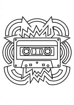 Voir le coloriage Kassette audio rétro entourée d'ondes sonores graphiques