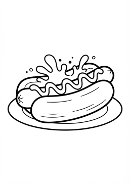 Voir le coloriage Hot-dog stylisé aux couleurs fluo et éclaboussures de ketchup