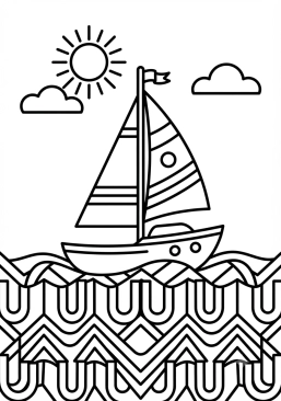 Voir le coloriage Voilier rétro stylisé sur vagues géométriques graphiques