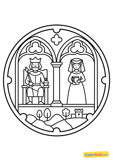 Coloriage à imprimer : vitraux anciens représentant des scènes médiévales