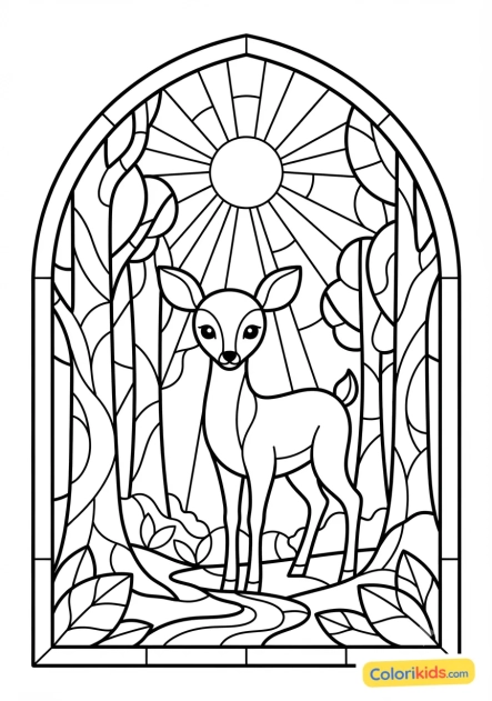 Coloriage à imprimer : biche délicate dans une forêt de rayons lumineux