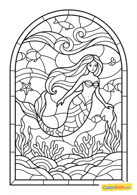 Coloriage à imprimer : sirène élégante nageant dans des fonds marins de verre