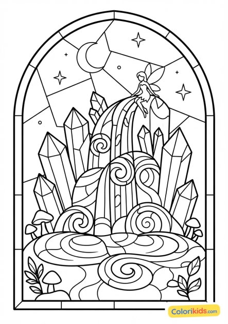 Coloriage à imprimer : cascade féerique coulant entre des cristaux de verre