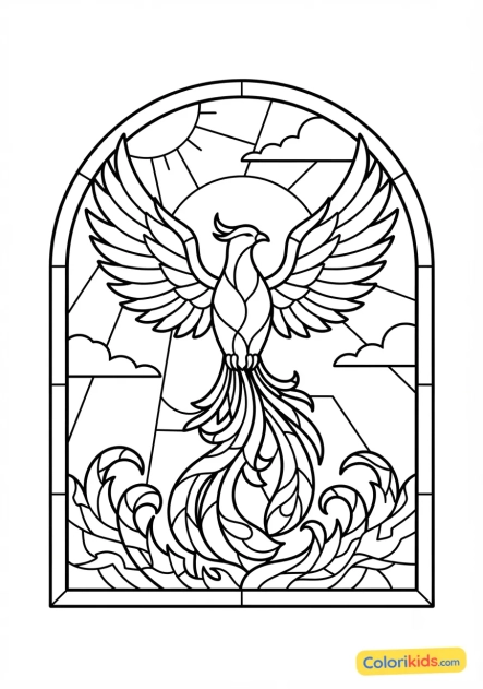 Coloriage à imprimer : phoenix flamboyant renaissant de ses cendres de verre