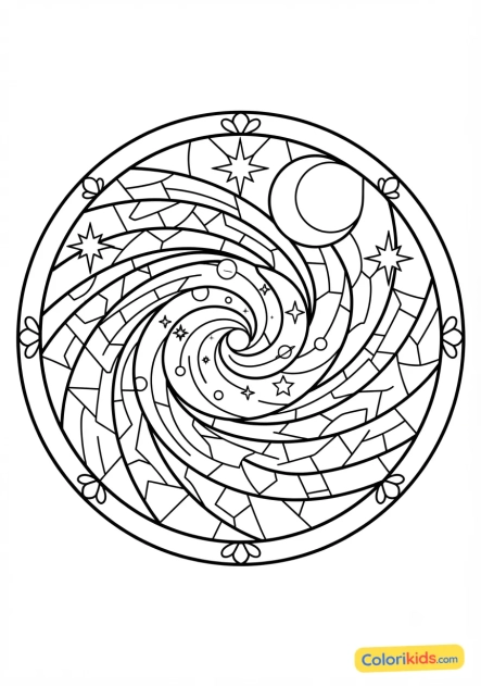 Coloriage à imprimer : voie lactée galactique aux éclats de verre cathédrale