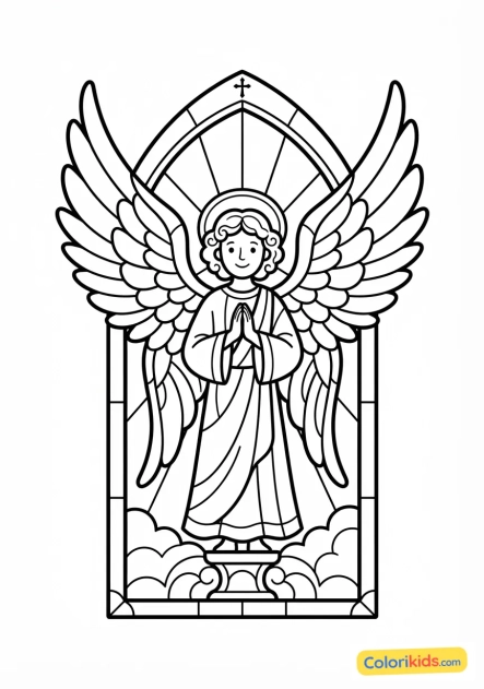 Coloriage à imprimer : ange gardien aux grandes ailes déployées lumineuses