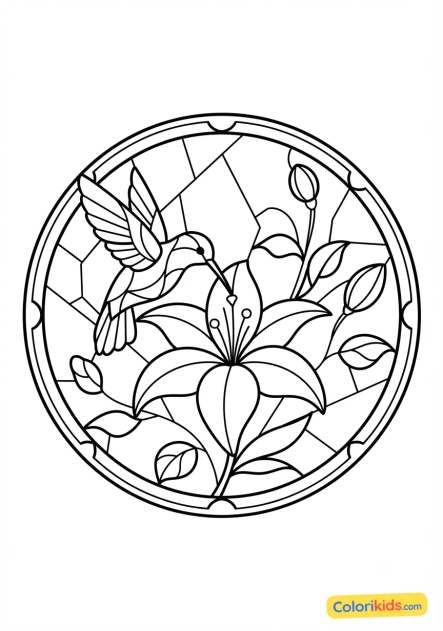 Coloriage à imprimer : colibri butinant une fleur de lys lumineuse
