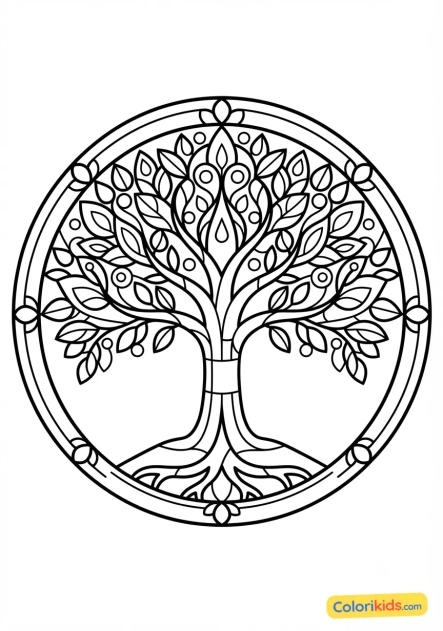 Coloriage à imprimer : arbre de vie lumineux aux teintes arc-en-ciel