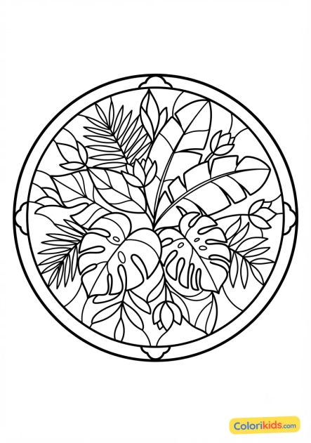 Coloriage à imprimer : feuillage tropical luxuriant baigné de lumière colorée