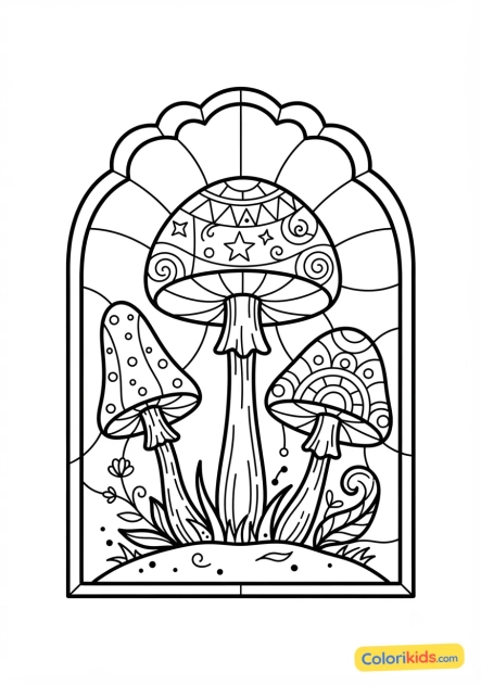 Coloriage à imprimer : champignons magiques aux chapeaux colorés de vitrail