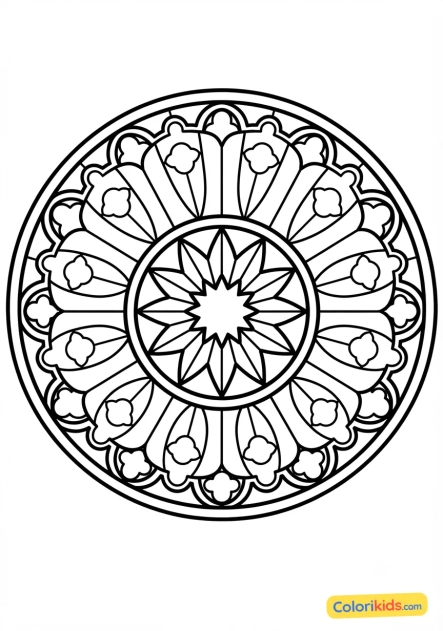 Coloriage à imprimer : magnifique rosace de cathédrale aux motifs géométriques