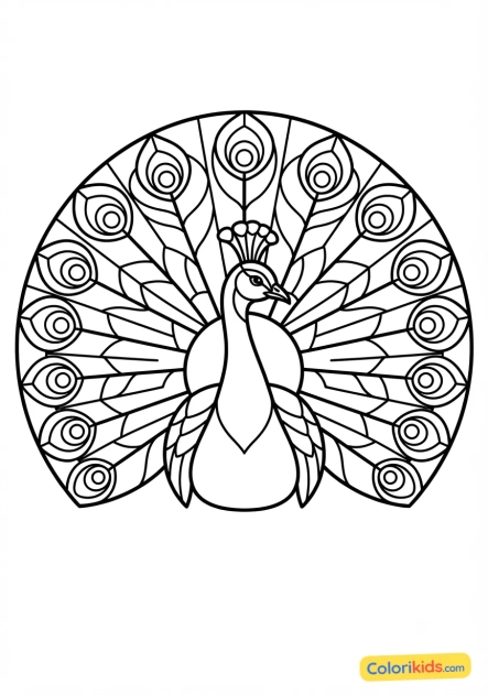 Coloriage à imprimer : paon majestueux aux plumes de verre coloré