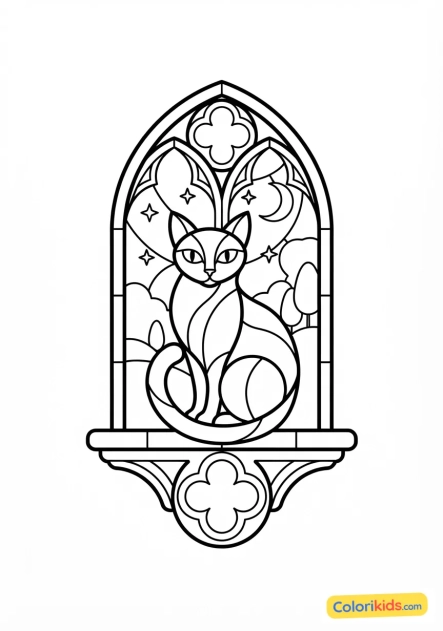 Coloriage à imprimer : chat mystérieux assis sur un rebord de fenêtre gothique
