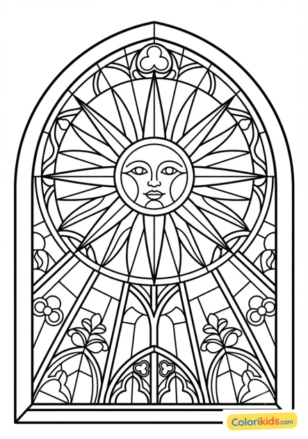 Coloriage à imprimer : soleil rayonnant aux influences cathédrale