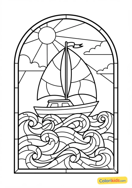 Coloriage à imprimer : voilier naviguant sur des vagues de verre multicolore
