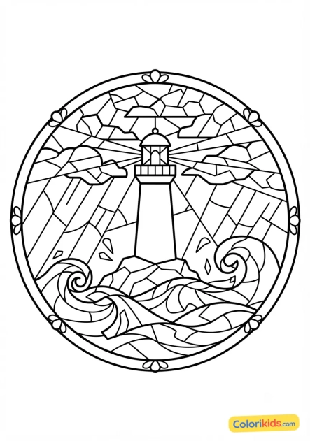 Coloriage à imprimer : phare marin dressé face à une tempête de verre