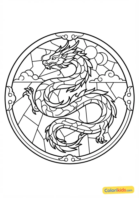 Coloriage à imprimer : dragon asiatique sinueux traversant un ciel de verre