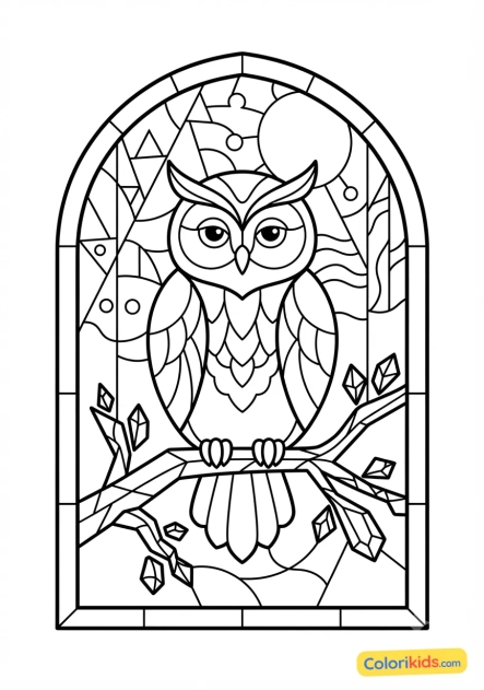 Coloriage à imprimer : hibou sage posé sur une branche de l'art verrier